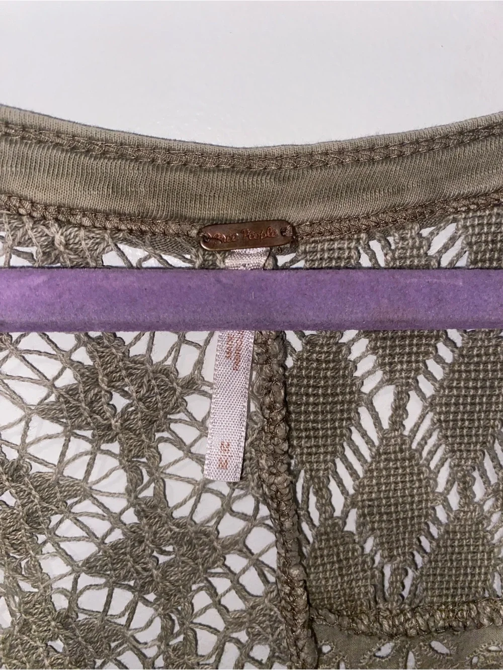 Free People Olive Crochet Lace Patchwork Long Sleeve Boho Top M